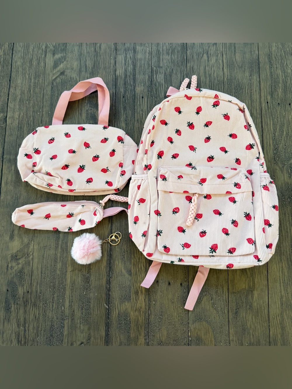 Pink Strawberry Print Kids Backpack Set